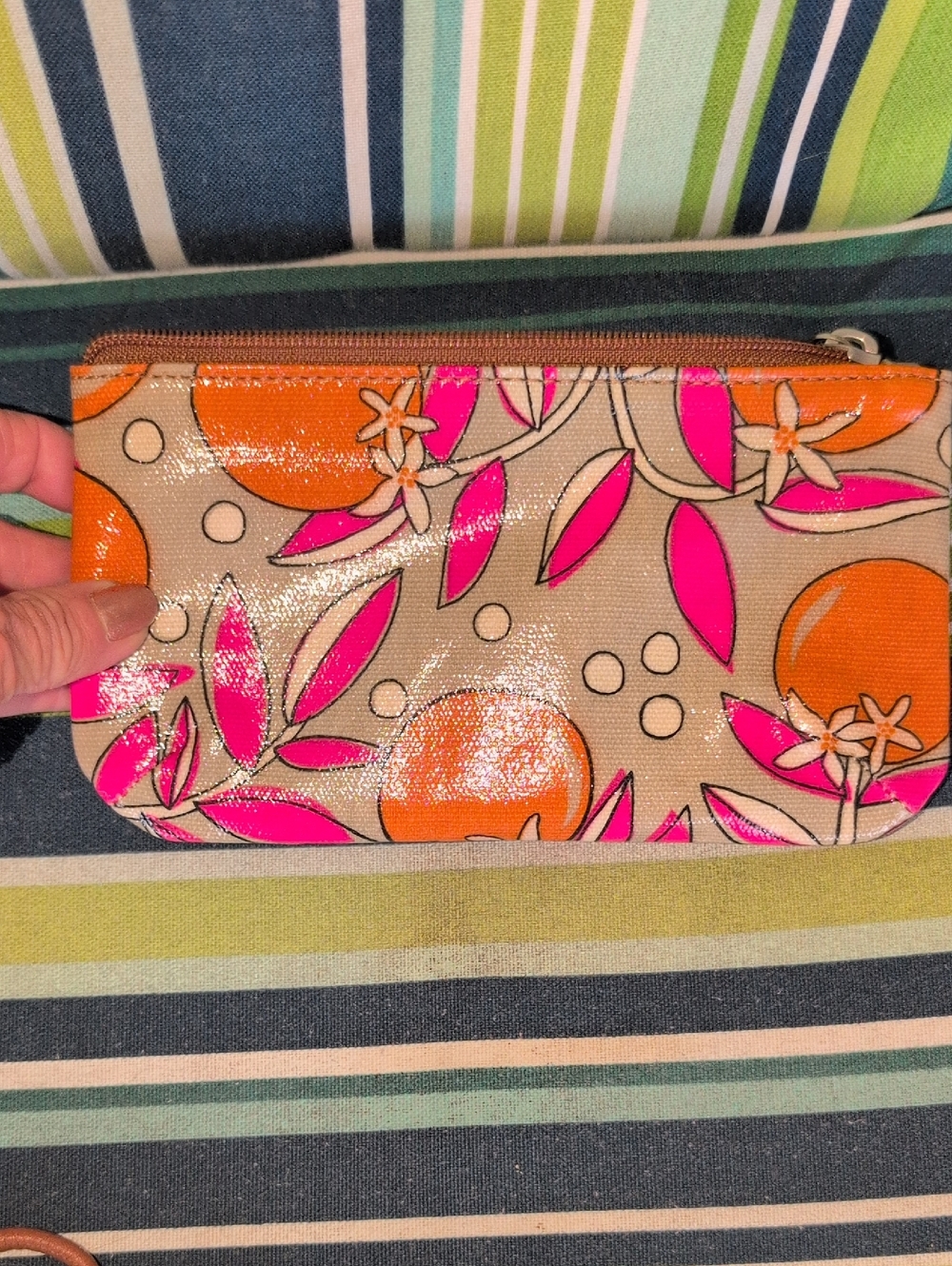 Vintage - Fossil Key-Per Fruit Coated Canvas Wristlet in Beige, Pink & Orange